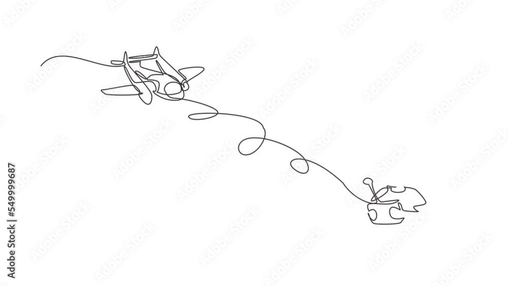 Poster self drawing animation of single one line draw boy playing with remote-controlled airplane. kids pla