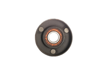Old bypass car roller. Roller jamming, close-up. White background, isolate. Spare part from the car