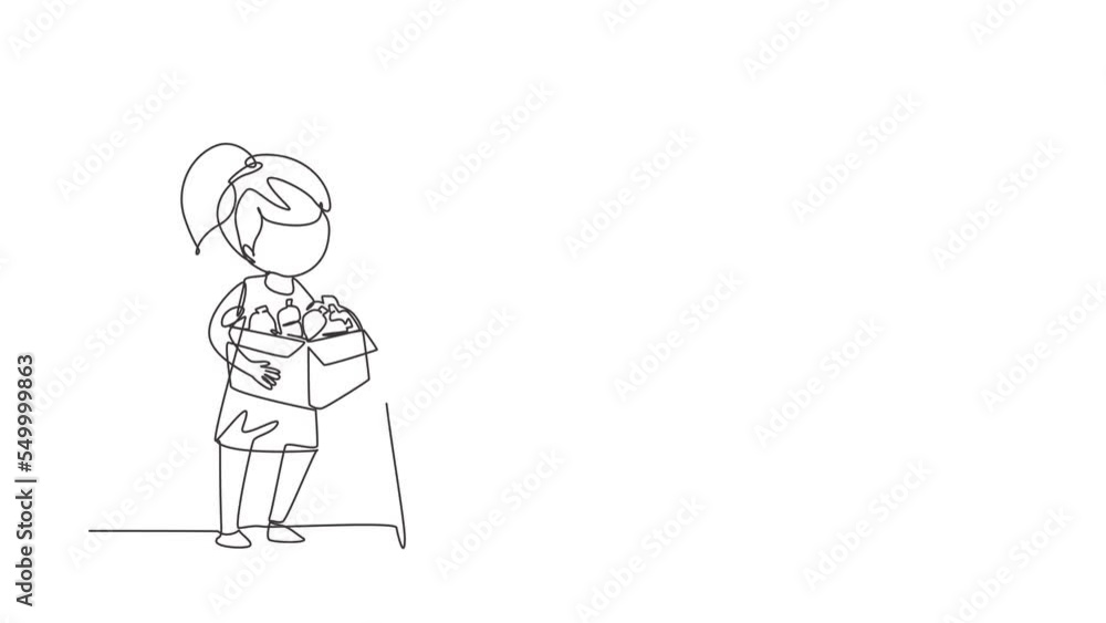 Poster animated self drawing of single continuous line draw girl gathering garbage and plastic waste for re