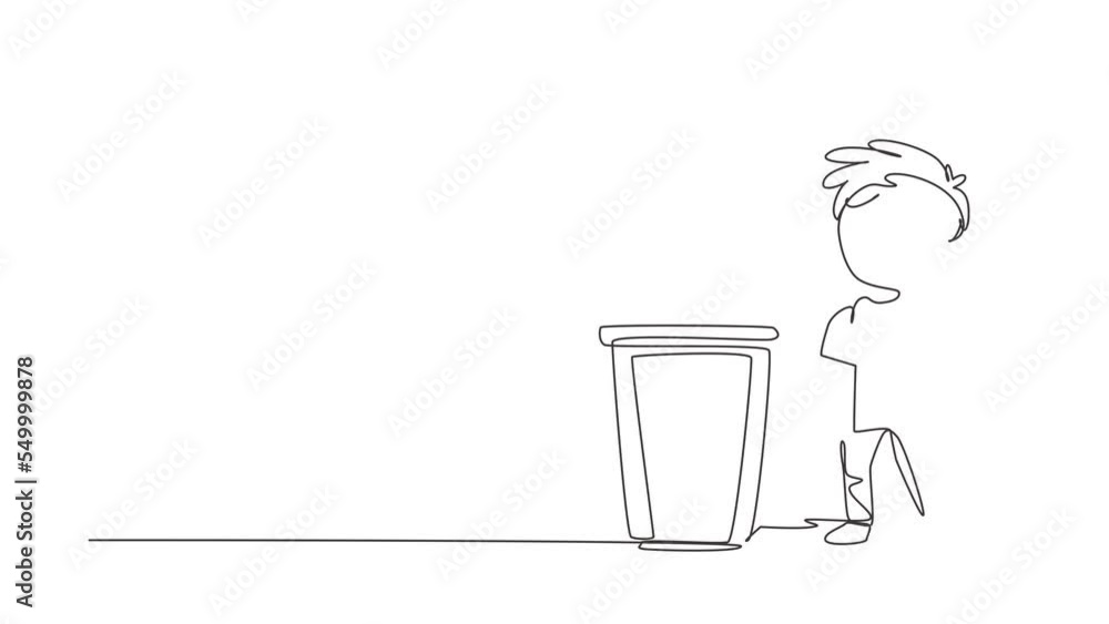 Poster animated self drawing of continuous line draw boy gathering garbage and plastic waste for recycling.