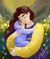 A mother holding her child close. Illustration