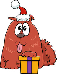 funny cartoon dog with gift on Christmas time