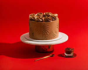 Beautiful party chocolate cake with cream on white stand, on red background with chocolate sauce closeup horizontal view.