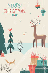 Obraz na płótnie Canvas Christmas card with reindeer, gift boxes and winter landscape. Winter wonderland. Christmas eve concept. Retro vector illustration