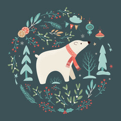 Christmas and New Year card with cute polar bear, pine trees and floral elements in circular shape. Winter landscape in retro style on dark background. Hand drawn vector illustration. Winter Holiday
