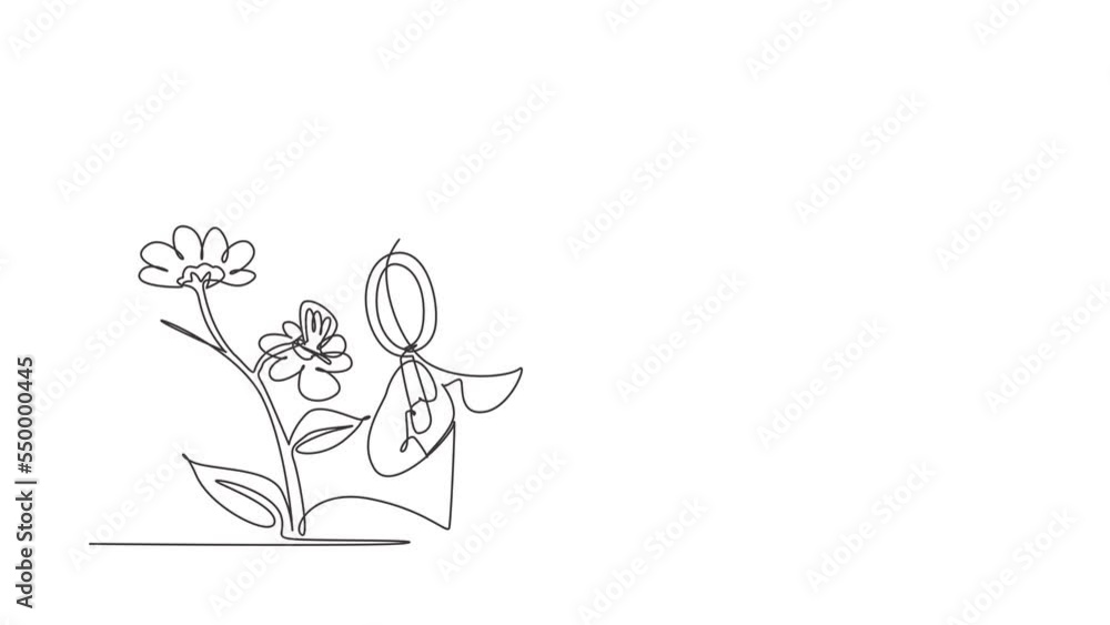 Poster self drawing animation of single one line draw little boy using magnifying glass and observing butte