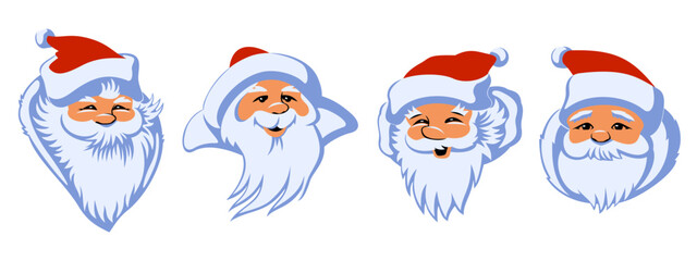 Santa Claus Faces. Four different cartoon characters. Vector cliparts isolated on white.
