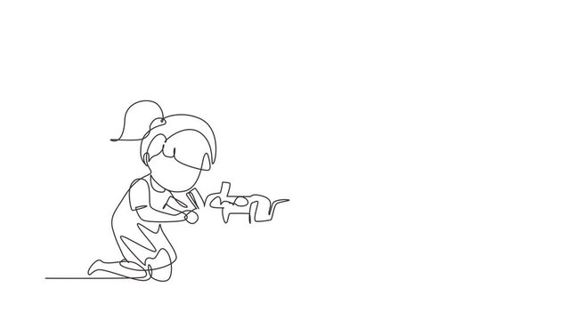 Animated self drawing of continuous line draw girl putting her toys into box. Kids doing housework chores at home concept. Smiling child storing her toys in box. Full length single line animation