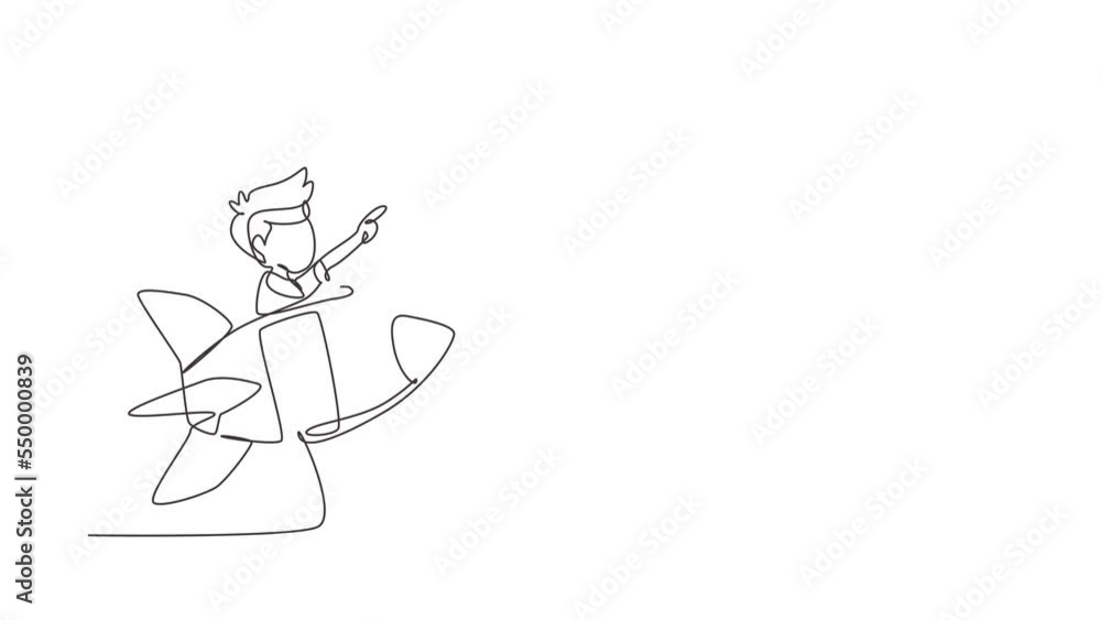 Poster animated self drawing of continuous line draw boy riding in rocket. kid driving spaceship in park. c