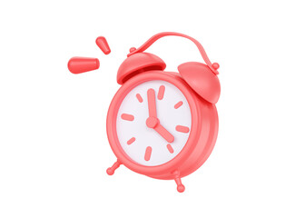 Clock 3d render icon - simple alarm timer concept, red retro style flying alarmclock and morning awakening illustration