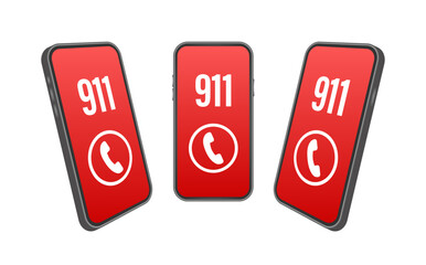 911 smartphone in flat style. Call icon vector. Hand holding smartphone. First aid. Finger touch screen. Vector stock illustration