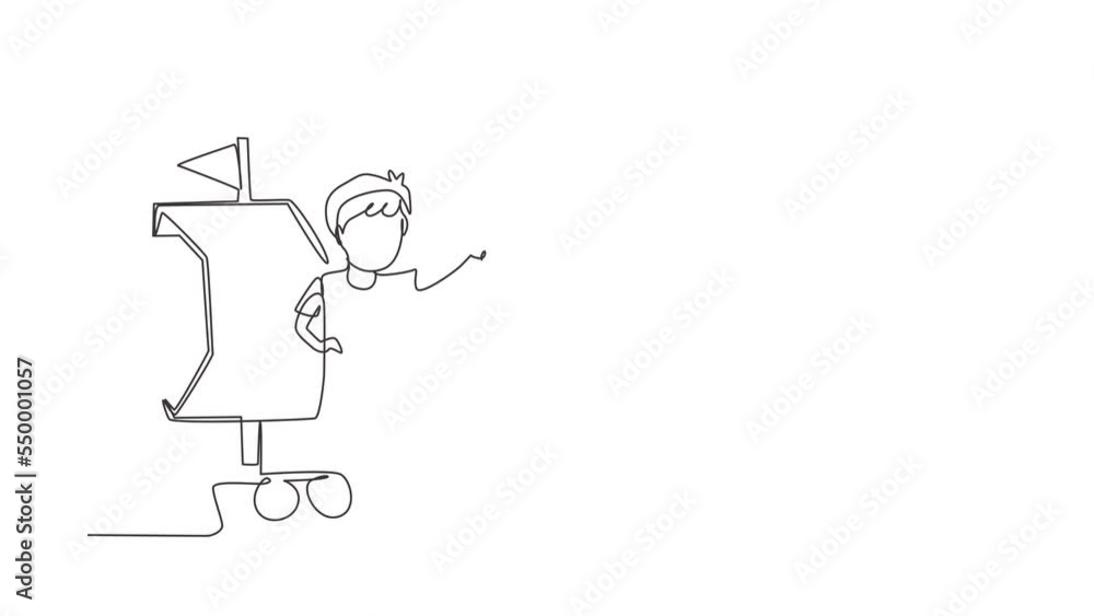 Poster animated self drawing of continuous line draw little boy playing sailor with boat made of cardboard 
