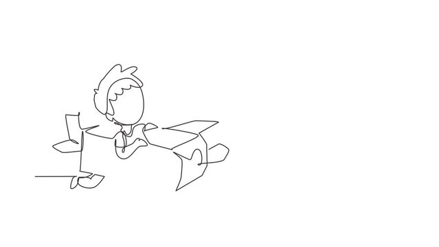 Self drawing animation of single line draw creative boy playing as pilot with cardboard airplane. Happy kids riding cardboard handmade airplane. Plane game. Continuous line draw. Full length animated