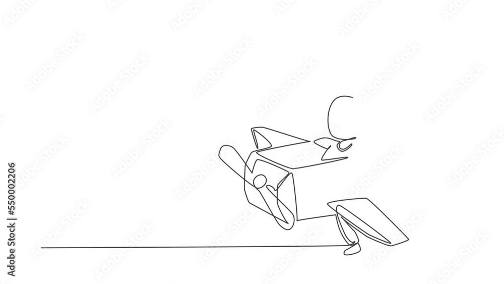 Poster animated self drawing of single continuous line draw creative girl playing as a pilot with cardboard
