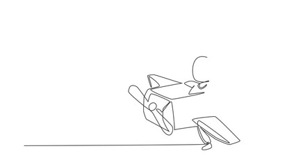 Animated self drawing of single continuous line draw creative girl playing as a pilot with cardboard airplane. Happy kids riding cardboard handmade airplane. Plane game. Full length one line animation