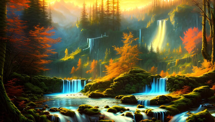 Fototapeta na wymiar a magic fantasy forest landscape with a river and waterfalls in the sunset - painting