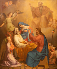 BIELLA, ITALY - JULY 15, 2022: The painting of Death of St. Joseph in the church Chiesa di San Casiano from 19. cent.