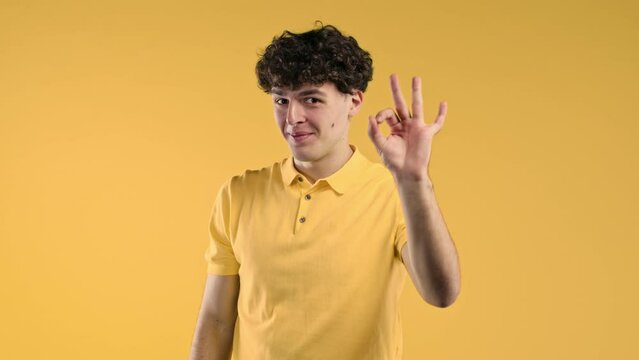Handsome man makes hand sign okay, ok gesture. Happy guy, correct perfect choice, great deal, yellow background. Positive male model smiles to camera, approval, trust concept
