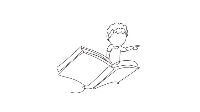 Self drawing animation of single line draw boy and girl student or preschooler flying on magic book. Happy kids flying on the book. Knowledge power concept. Continuous line draw. Full length animated