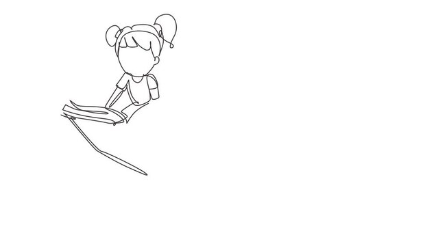 Animated self drawing of single continuous line draw little girl student or preschooler flying on magic book. Happy kids flying on the book. Knowledge power concept. Full length one line animation