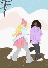 Two girls walking in winter
