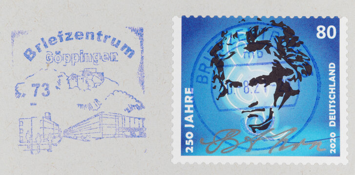 briefmarke stamp vintage retro used gerbaucht gestempelt frankiert cancel papier paper beethoven kopf head 250 jahre slogan werbung stempel blau blue göppingen 80