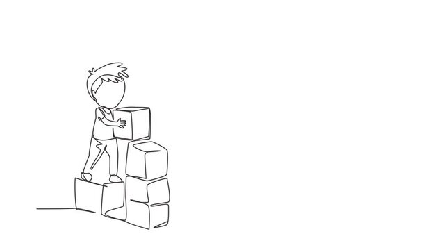 Self drawing animation of single line draw two little boys playing blocks toys. Educational toys. Children playing designer cubes, developmental constructor. Continuous line draw. Full length animated