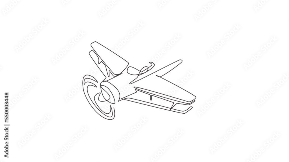 Poster animated self drawing of continuous line draw boy operating plane and a girl as passengers. kids fly