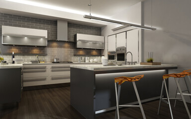 Modern interior of kitchen with living room. 3d render	