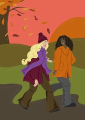 Two girls walking in autumn