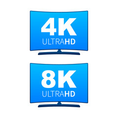 4K and 8K Ultra HD label. High technology. LED television display. Vector illustration.