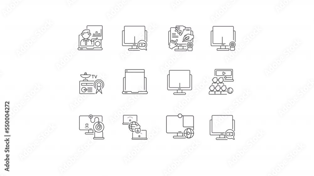 Poster animated web chat linear icons set. video conference technology. online call. seamless loop hd video
