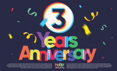colorful three years anniversary greeting message on dark background, exploding confetti