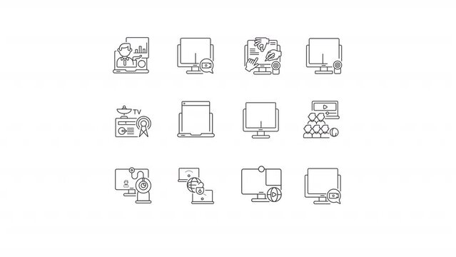 Animated web chat linear icons set. Video conference technology. Online call. Seamless loop HD video with alpha channel on transparent background. Outline motion graphic animations pack