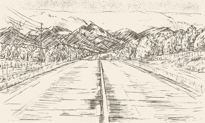 Hand drawn sketch of a mountain with a wide road in front of it