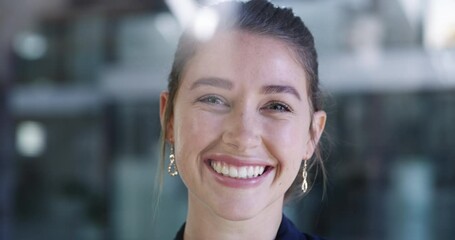 Business woman, face or laughing in modern office and marketing ideas, advertising vision or brand growth motivation. Portrait, smile or happy creative designer and success innovation or target goals - Powered by Adobe