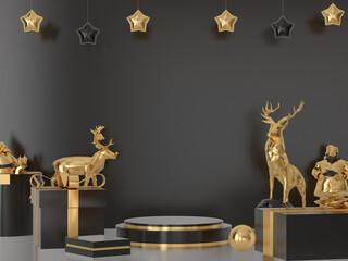 christmas pedestal podium concept. scene with christmas object and black background, black product display, luxury 3d render. stand for christmas gift, showcase, cosmetic, podium product.