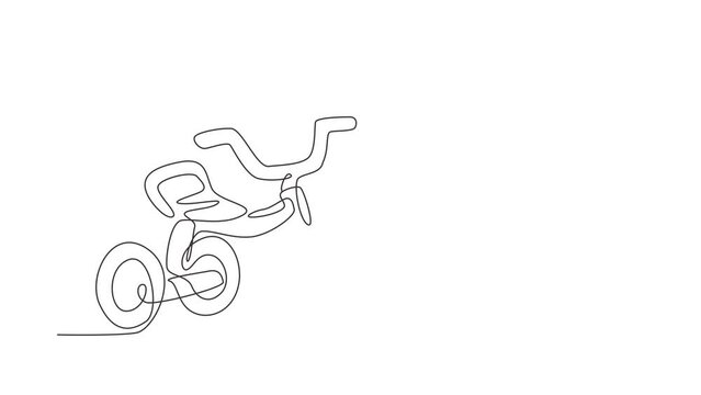 Self drawing animation of single one line draw kids tricycle. Children tricycle transportation. Tricycle, children bicycle. Sketch scratch board imitation. Continuous line draw. Full length animated