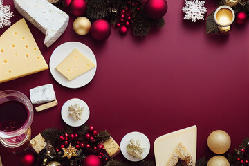 Wine and cheese on a flat surface christmas decorations background
