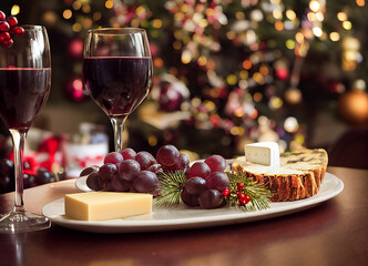 Wine and cheese on a table christmas background