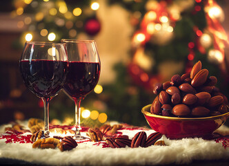 Wine and cheese, pecan nuts on a table christmas background
