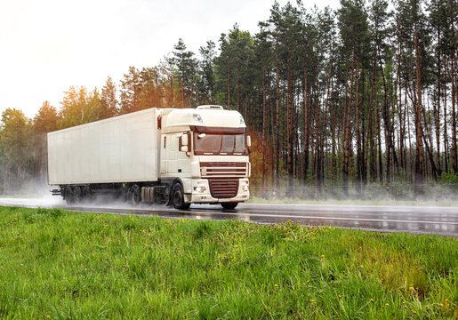 a white modern truck with a semi-trailer transports cargo in rainy weather against the backdrop of a forest. Copy space for texr. Sanctions on the transport of goods.