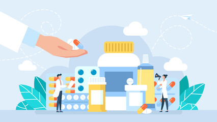 Medical personnel prescribe treatment. Medicines on hand. Rx medical prescription. The doctor prescribes a recipe, disease therapy pills, and painkiller drugs. Pharmacy control. Vector illustration