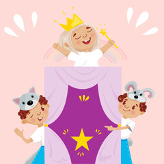 Children in costumes around the theater stage