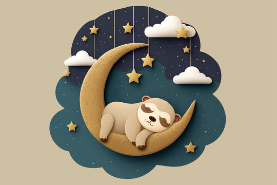 a sloth sleep tight on crescent moon with cloud and star hanging around, illustration in paper craft style  Generative Ai