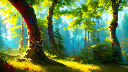trees in a fantasy colored forest on a sunny day - vibrant colors - painting - illustration