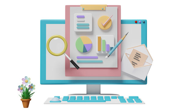 3d computer with charts graph, analysis business financial data, magnifying glass, open envelope, checklist isolated. Online marketing, business strategy concept, 3d render illustration