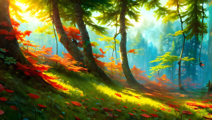 Trees and leaves in a fairytale imaginative colourful forest with intricate wall painting on a sunny day - bright colours - painting - illustration