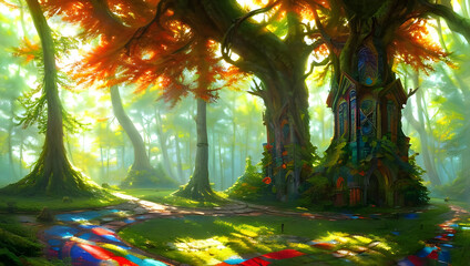 a fairytale imaginative colourful forest with intricate wall painting on a sunny day - bright colours - sunlight - painting - illustration