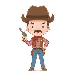 Cartoon character of cute cowboy holding gun.